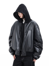 Unisex Oversized Faux Leather Hooded Bomber Jacket | Vintage Streetwear Moto Coat  | Uibok