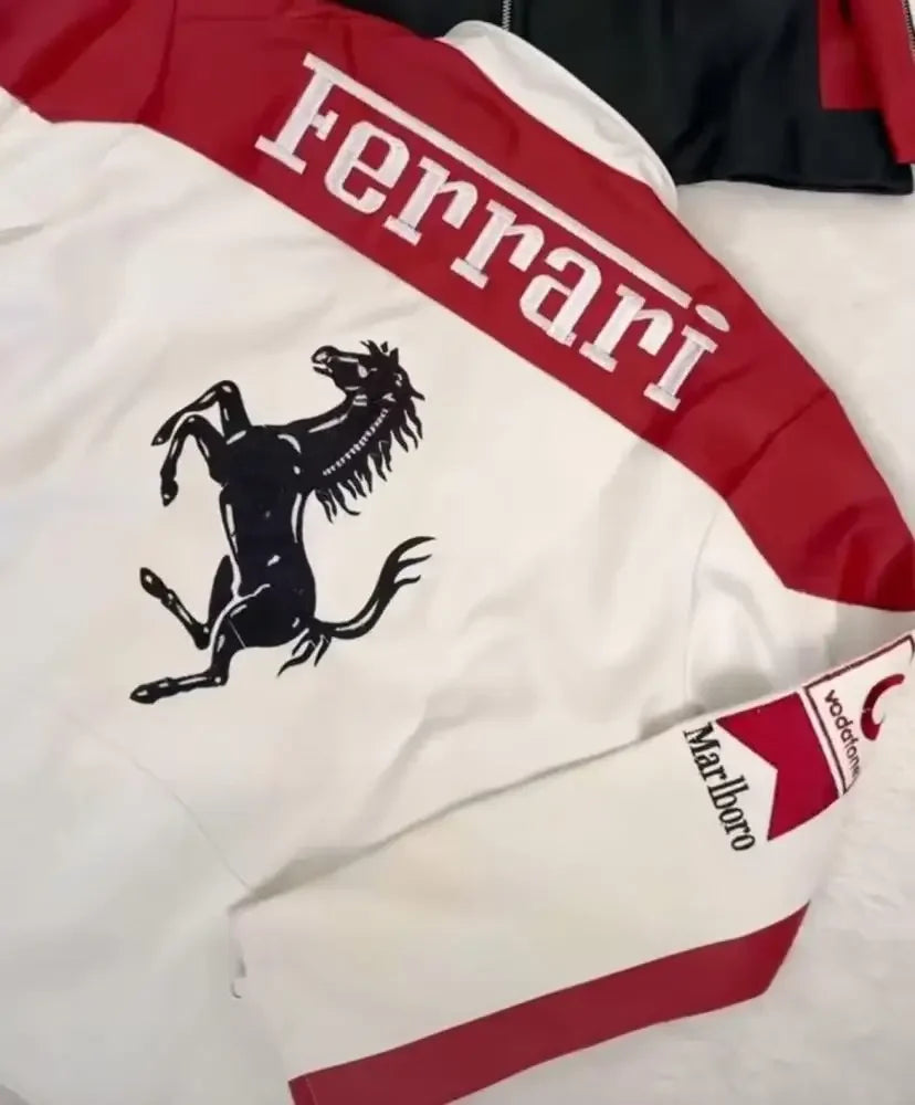 Back view of oversized white and red track jacket with dropped shoulders and black stallion graphic
