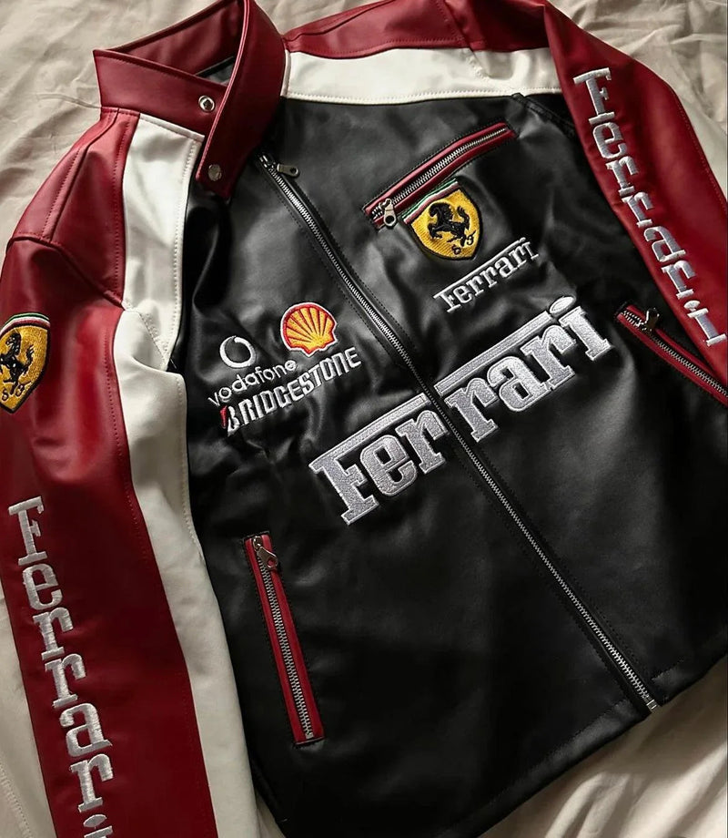 Black Ferrari leather jacket for men with red and white racing stripes, sponsor logos, and embroidered chest branding