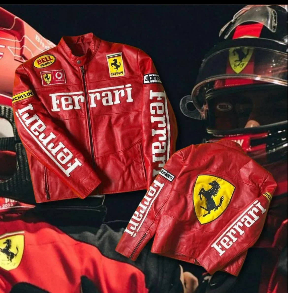 Close-up of red matte vegan leather jacket with Ferrari racing patches and white logo text