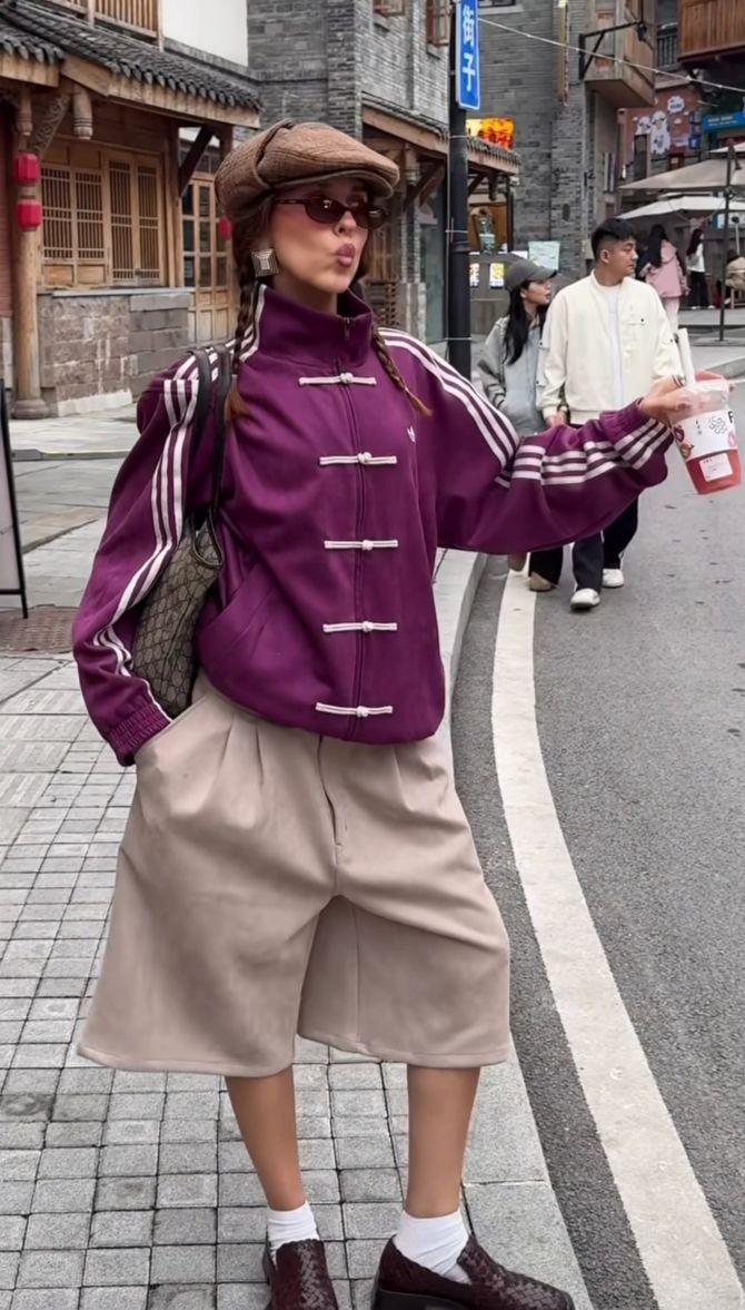 Close up details of the premium heavyweight cotton outerwear in wine purple
