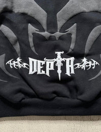 Close up of raw edge textured depth black hoodie mens design
