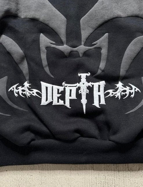 Close up of raw edge textured depth black hoodie mens design