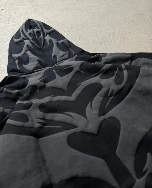 Close up of raw edge textured depth black hoodie mens design uibok