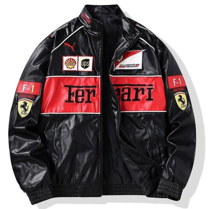 Close-up of faux leather F1 racing jacket with red, black, and sponsor patches