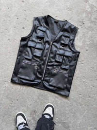 Front layout of the Uibok black utility vest, a heavy-duty black faux leather utility vest for streetwear