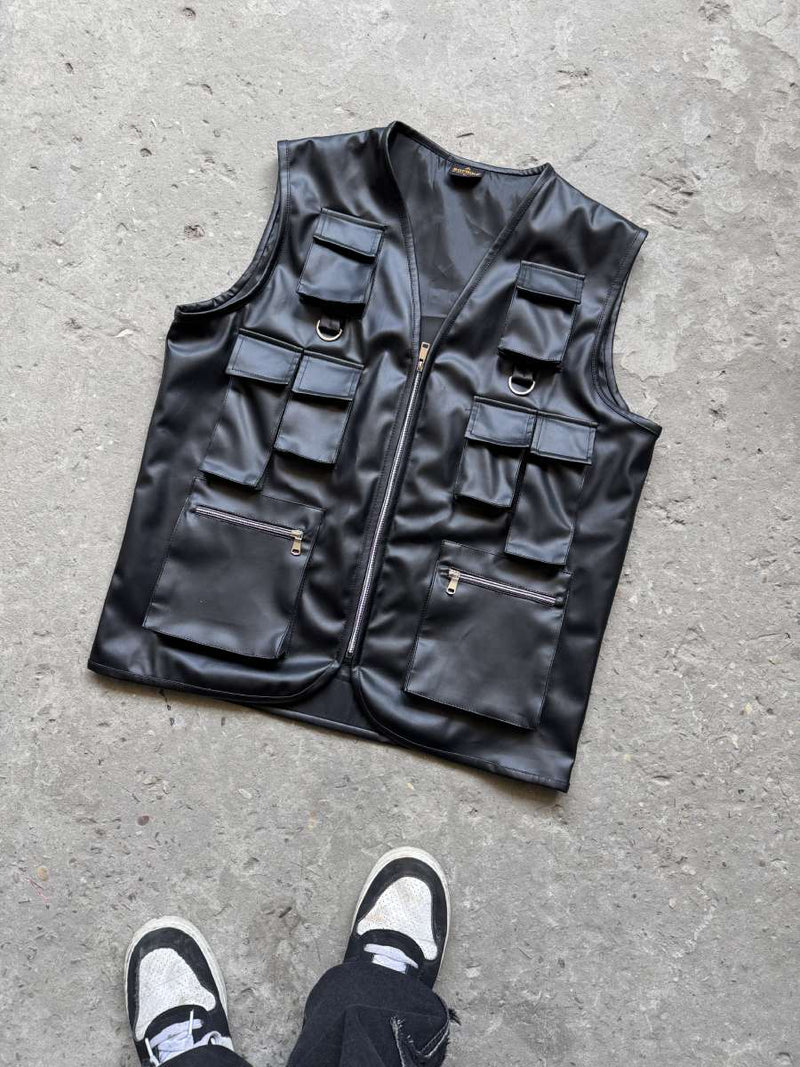 Front layout of the Uibok black utility vest, a heavy-duty black faux leather utility vest for streetwear