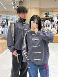 Model wearing urban clothing, styling the oversized ash grey lunar new year outfit