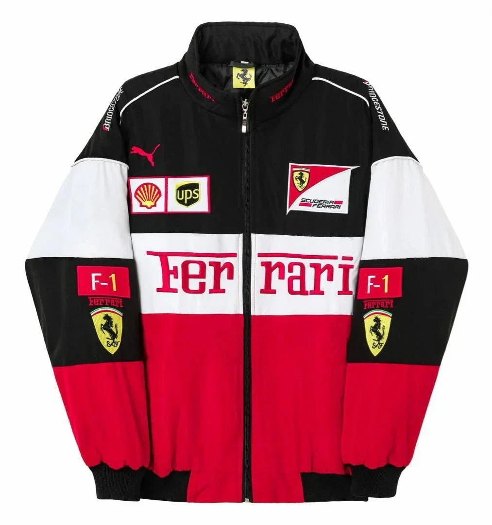 vintage Scuderia Ferrari Racing Jacket showing the oversized motorsport fit and embroidered logos