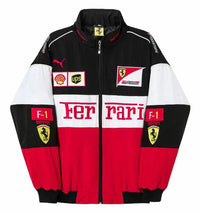 vintage Scuderia Ferrari Racing Jacket showing the oversized motorsport fit and embroidered logos