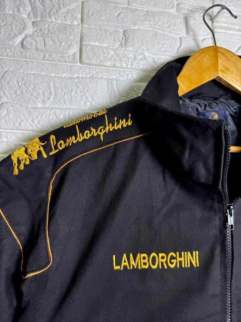High-density embroidery detail on uibok Lamborghini technical track jacket