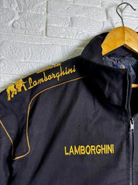 High-density embroidery detail on uibok Lamborghini technical track jacket