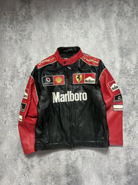 Black and red vintage racing jacket with embroidered motorsport patches and sponsor logos