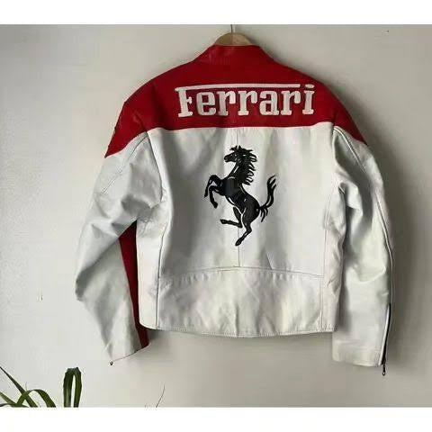 Red and white leather jacket with Ferrari logo, prancing horse patch, streetwear style.