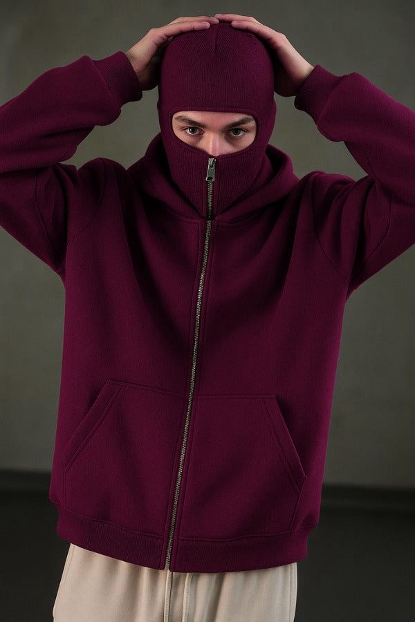 Uibok Aura series maroon balaclava hoodie in 450GSM heavyweight fleece.
