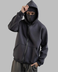 Uibok grey balaclava hoodie showing the structural boxy silhouette and deep hood.