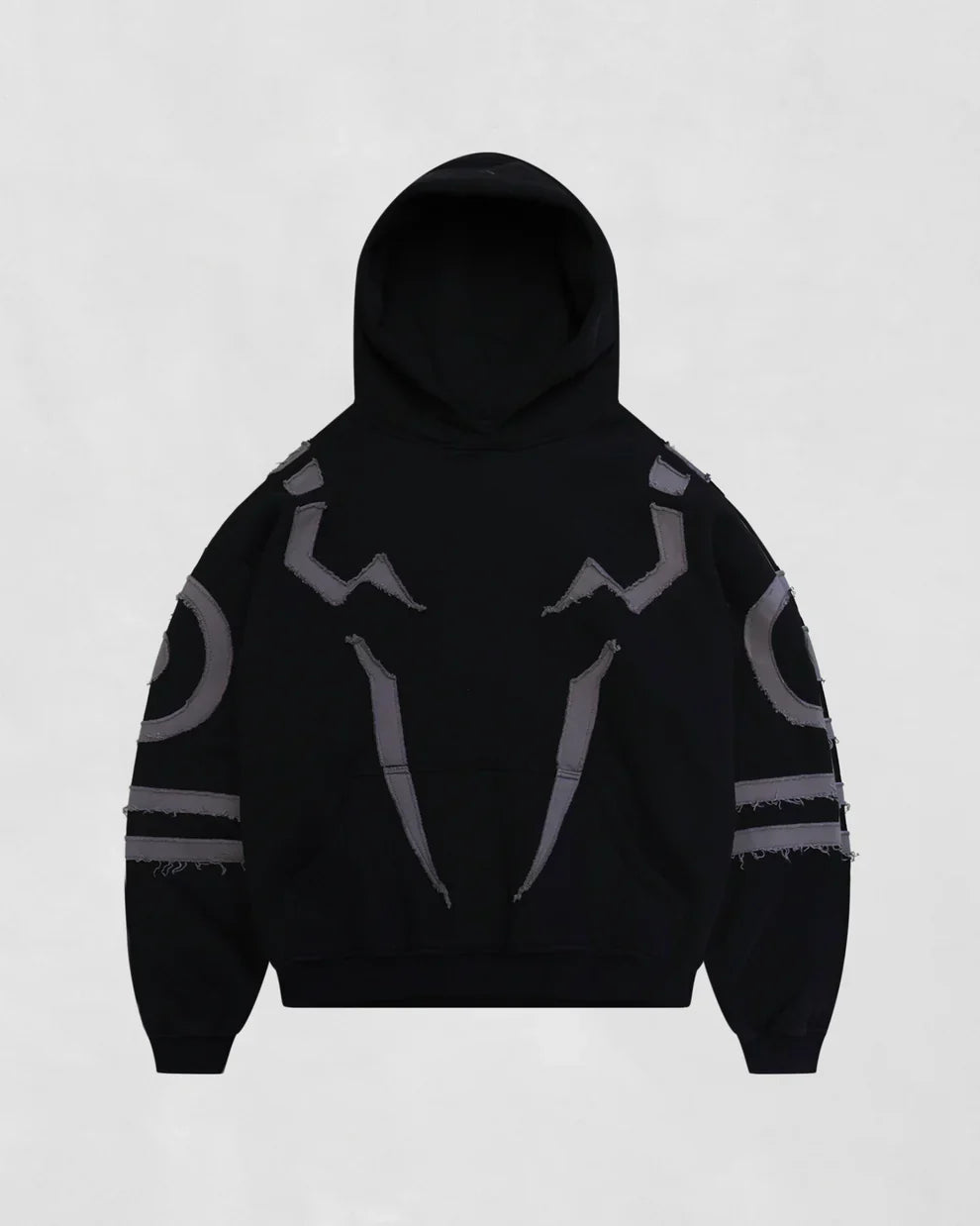 Uibok oversized black streetwear hoodie with Ryomen Sukuna inspired distressed applique patches