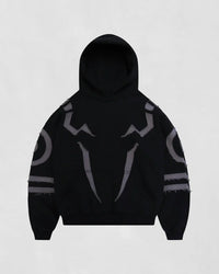 Uibok oversized black streetwear hoodie with Ryomen Sukuna inspired distressed applique patches