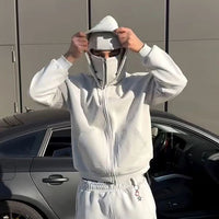 Front view of Uibok white masked hoodie showing integrated anatomical face cover.