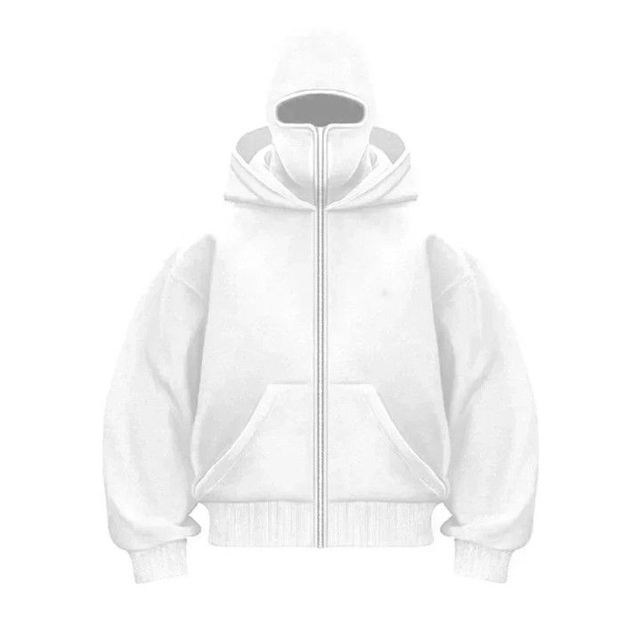 Uibok white oversized hoodie with mask showing structural boxy fit.