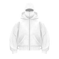Uibok white oversized hoodie with mask showing structural boxy fit.