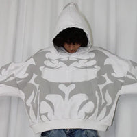 White Uibok unisex oversized hoodie with distressed raw-edge abstract appliqué patches