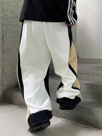 back view Premium Wide-Leg Cotton Track Pants – High-Street Color Block Joggers