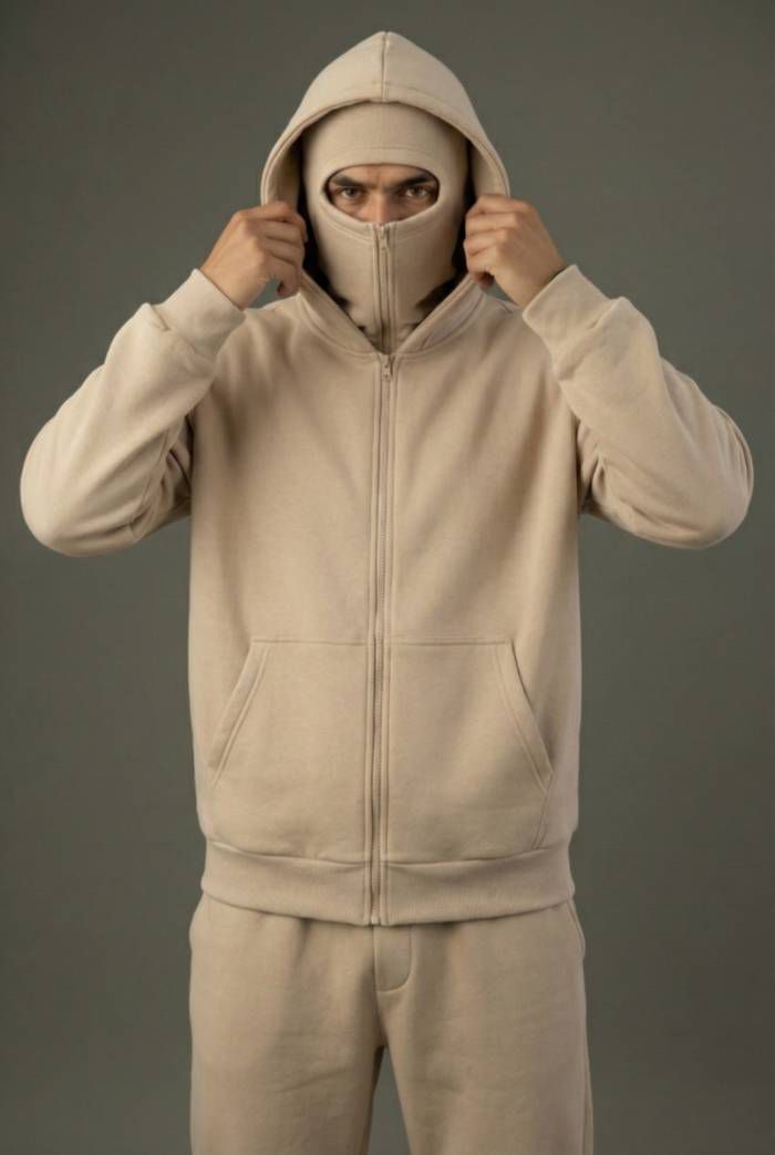 Uibok Eon series beige balaclava hoodie in 450GSM heavyweight sand fleece.