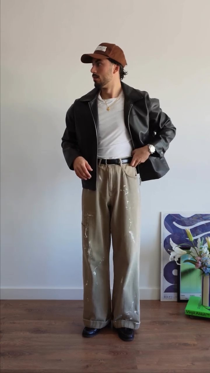 black faux leather biker jacket streetwear style