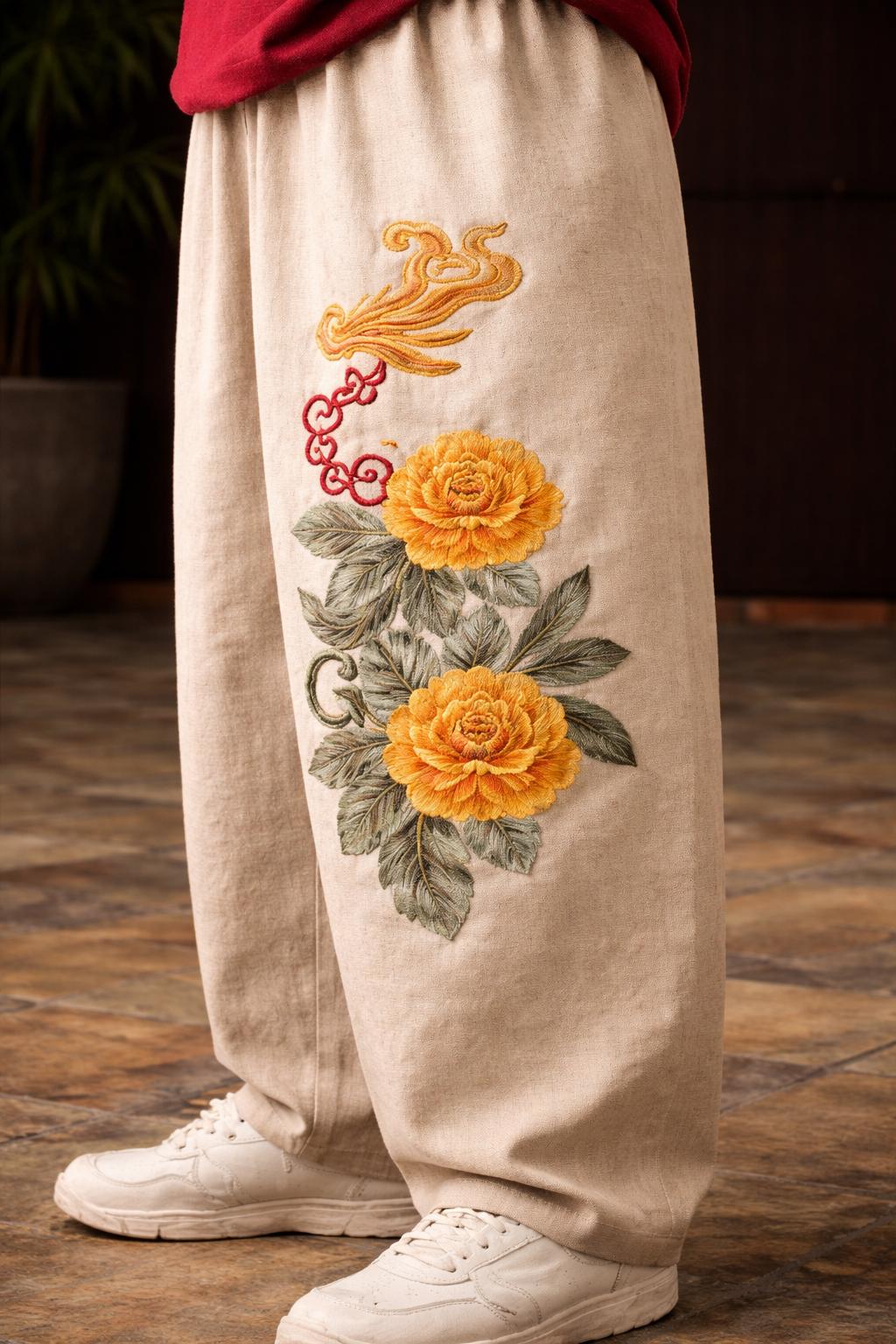 Beige pants with floral embroidery and white sneakers on a wooden floor.