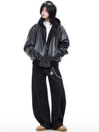 Unisex Oversized Faux Leather Hooded Bomber Jacket | Vintage Streetwear Moto Coat  | Uibok