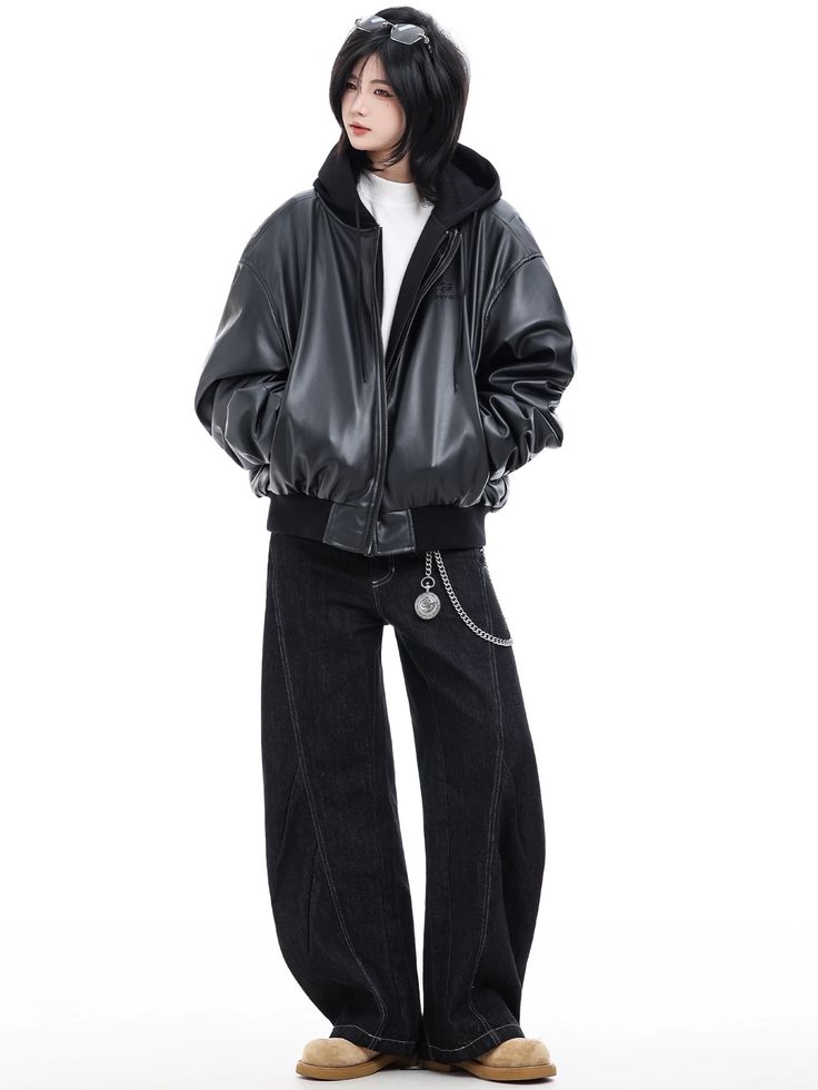 Unisex Oversized Faux Leather Hooded Bomber Jacket | Vintage Streetwear Moto Coat  | Uibok