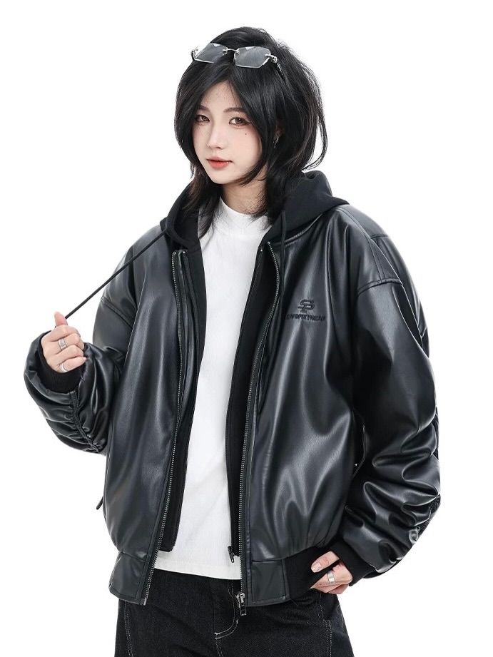 Unisex Oversized Faux Leather Hooded Bomber Jacket | Vintage Streetwear Moto Coat  | Uibok