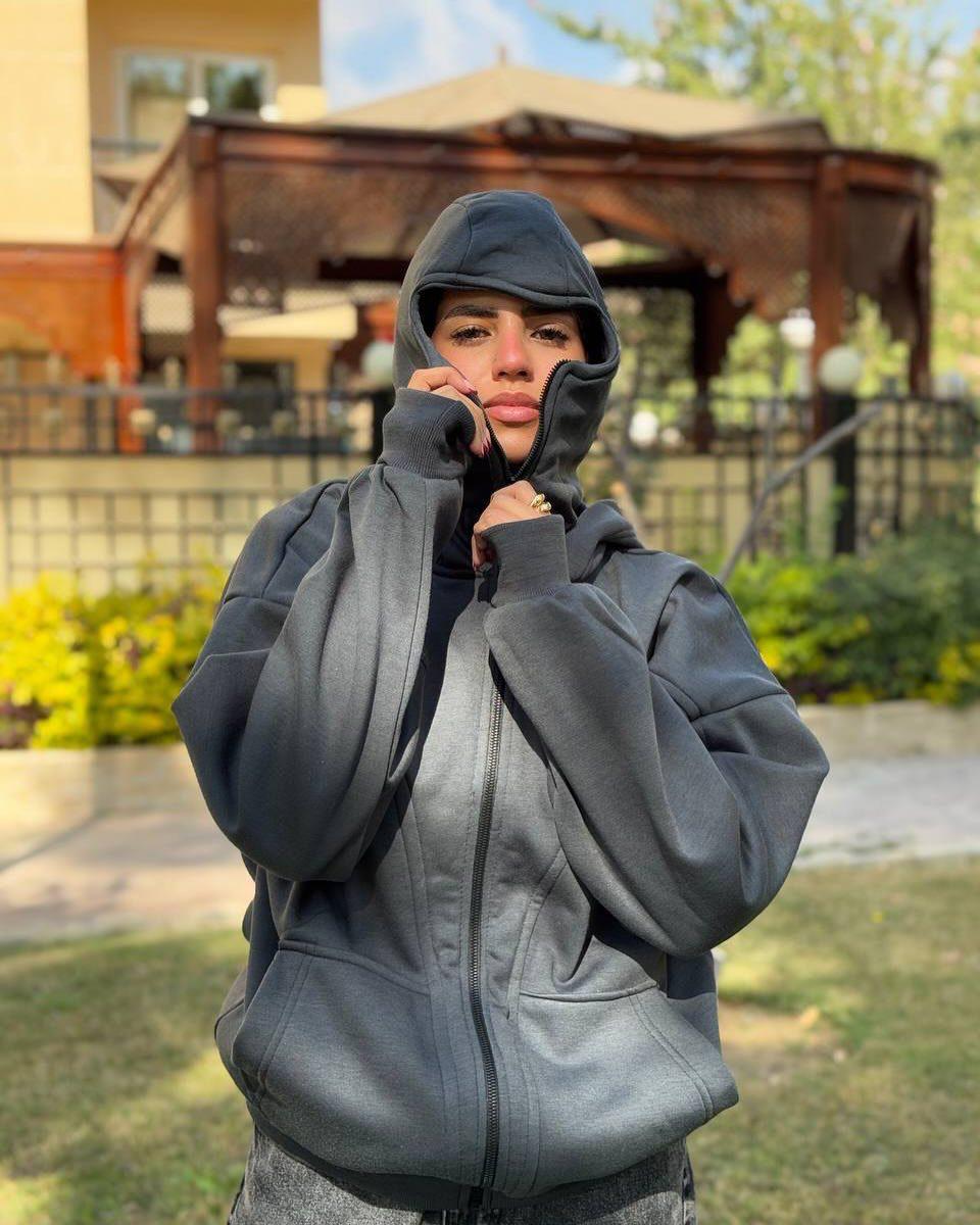 grey balaclava hoodie in heavyweight 450GSM concrete fleece.