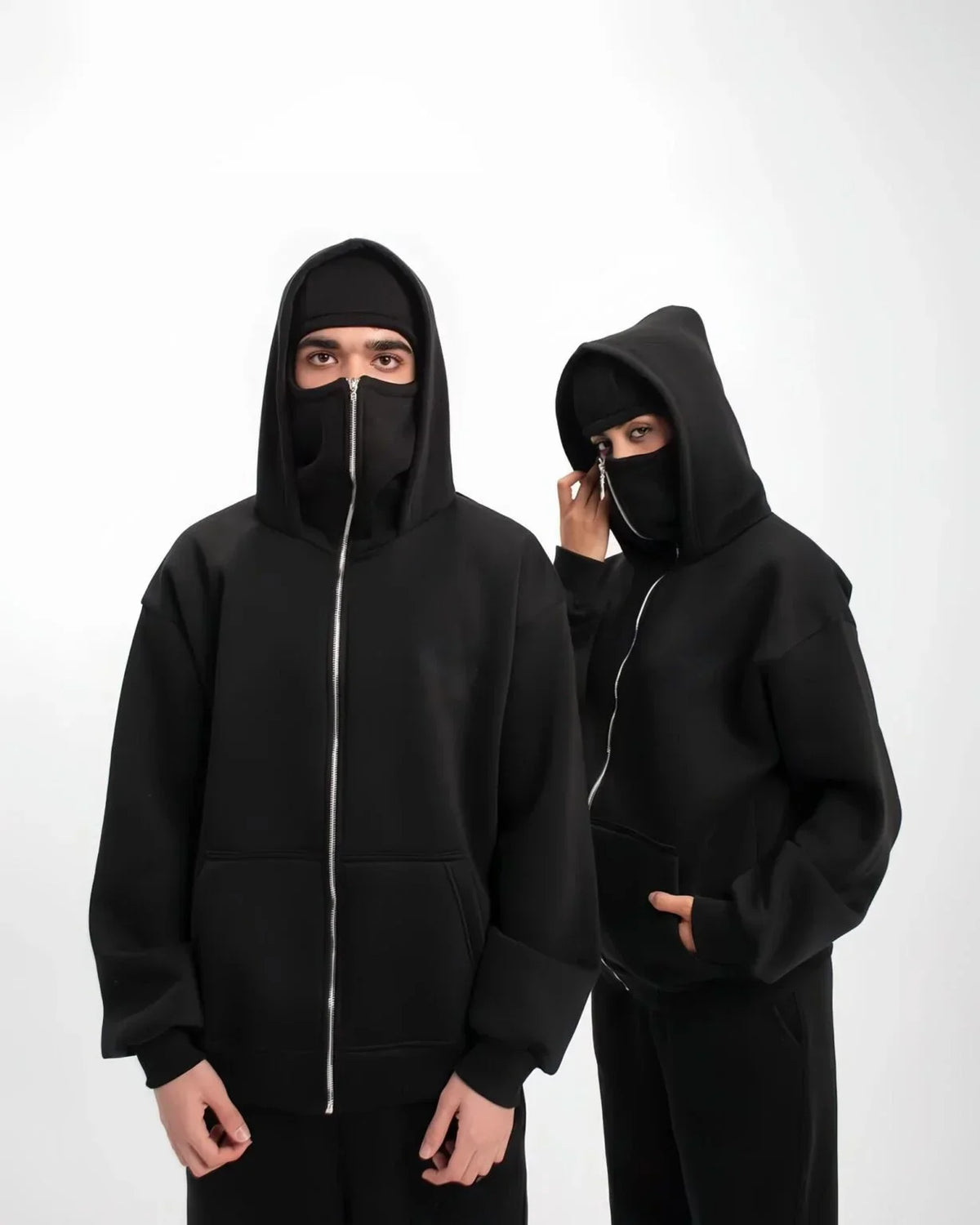Uibok Void Duo pack of 2 black balaclava hoodies in high-density 450GSM obsidian fleece.