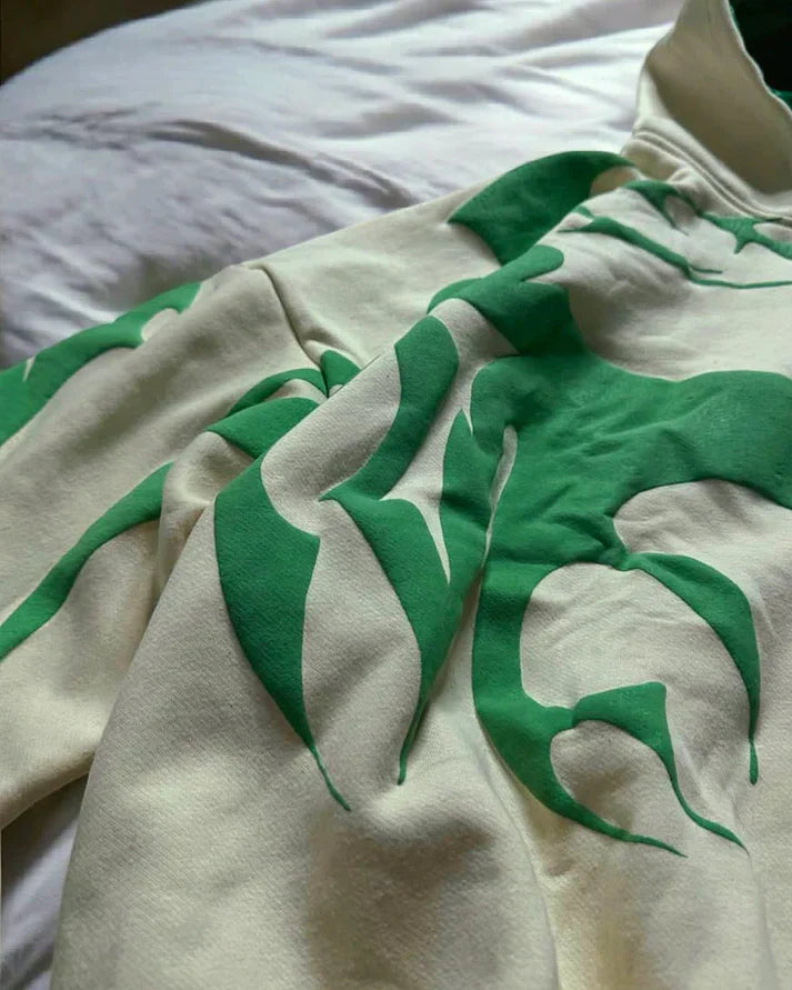 Uibok Premium White & Green Depth Hoodie | 3D Applique Streetwear & Dark Aesthetic