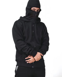 Close-up of Uibok integrated facial coverage sitting flush against the collar for a minimalist subterranean streetwear look.