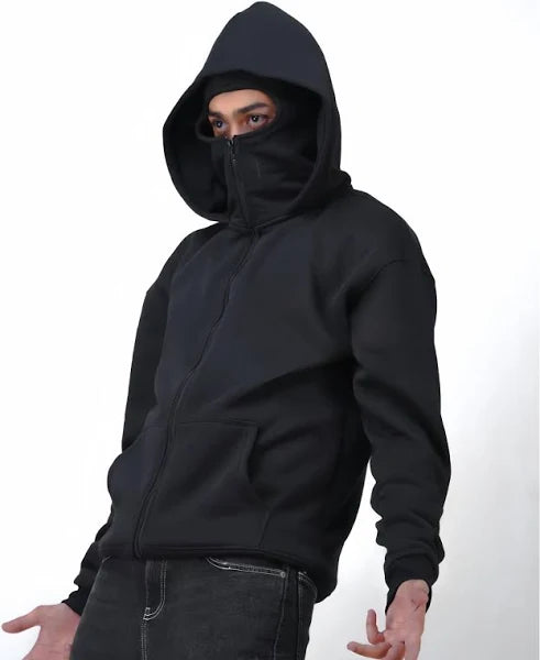Detail shot of Uibok fade-resistant 450GSM cotton fabric on a jet black masked sweatshirt.