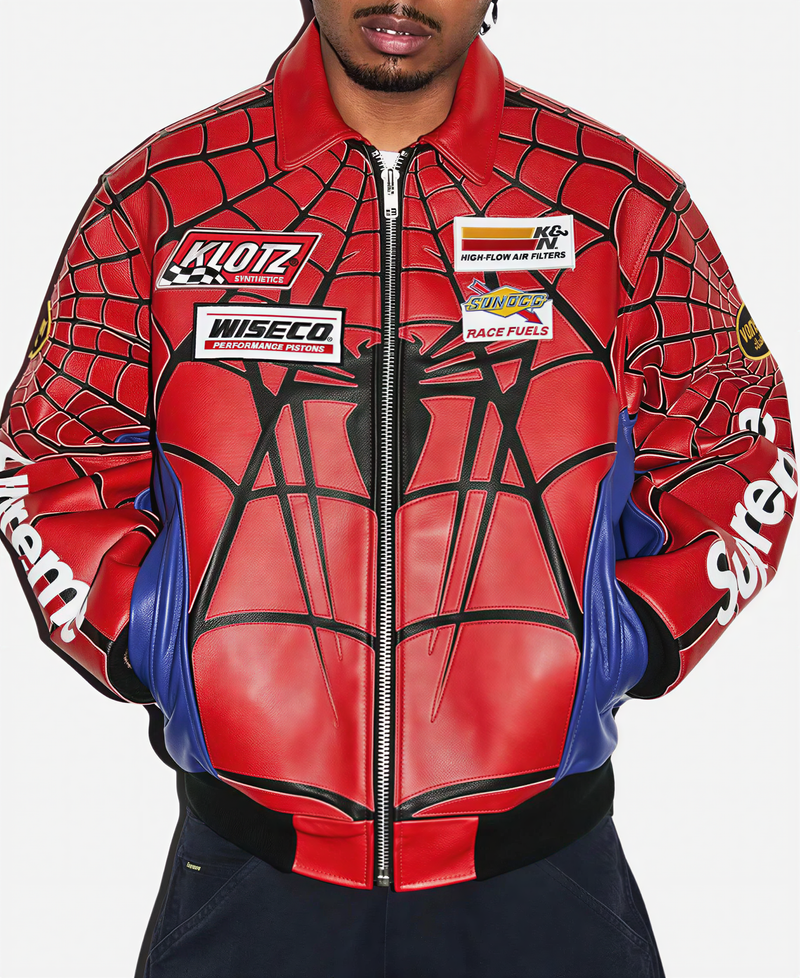 Uibok Spider Web Racing Leather Jacket in Red and Blue Color Block Design with Y2K Aesthetic Patches