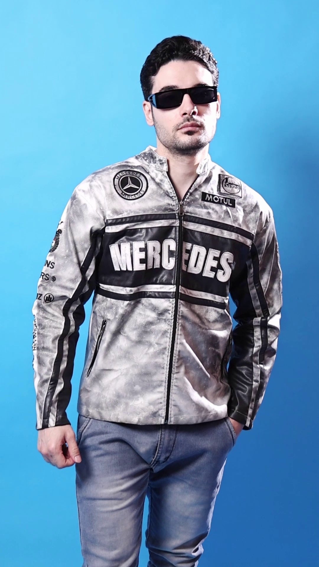 uibok Mercedes F1 leather jacket front view racing style