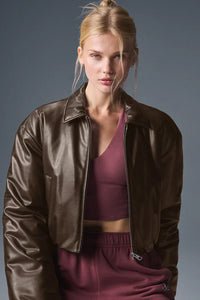 uibok premium brown cropped leather bomber jacket for women