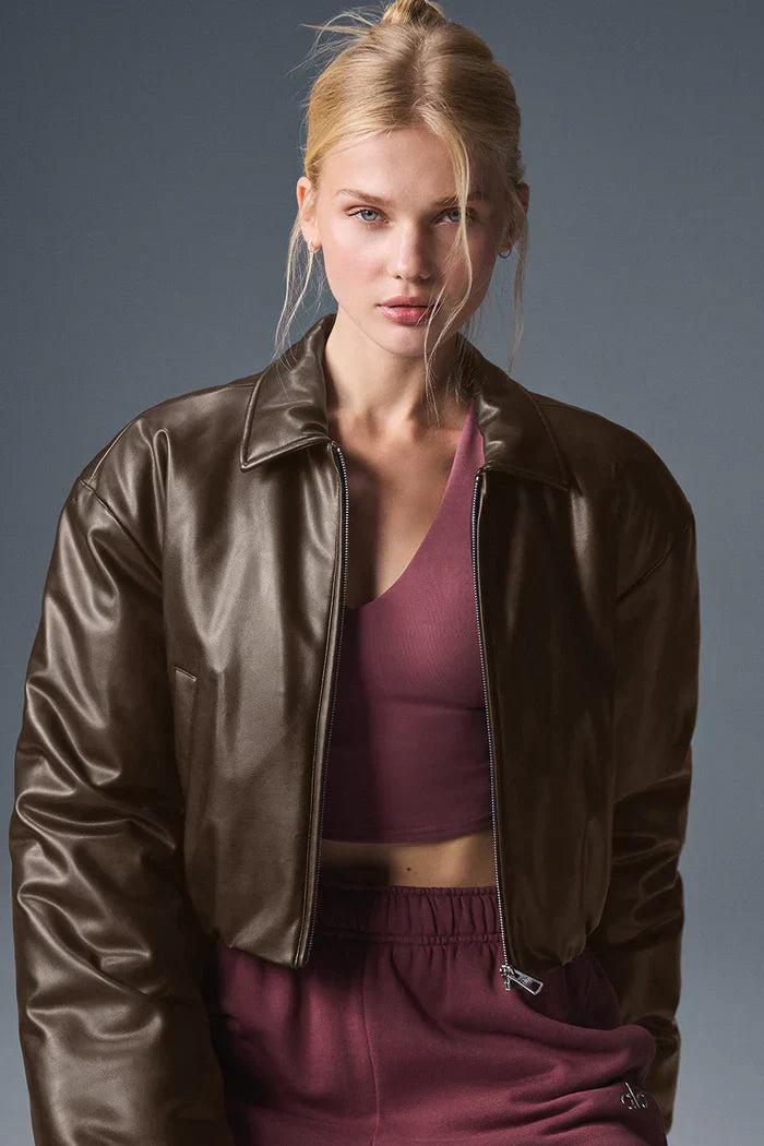uibok premium brown cropped leather bomber jacket for women