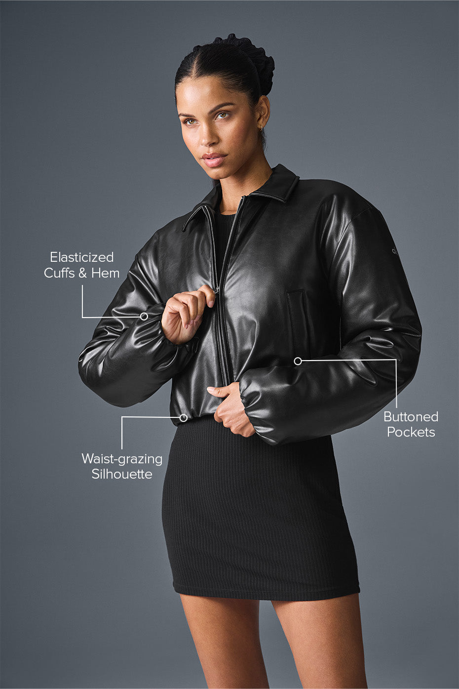 uibok women's cropped leather bomber jacket in jet black