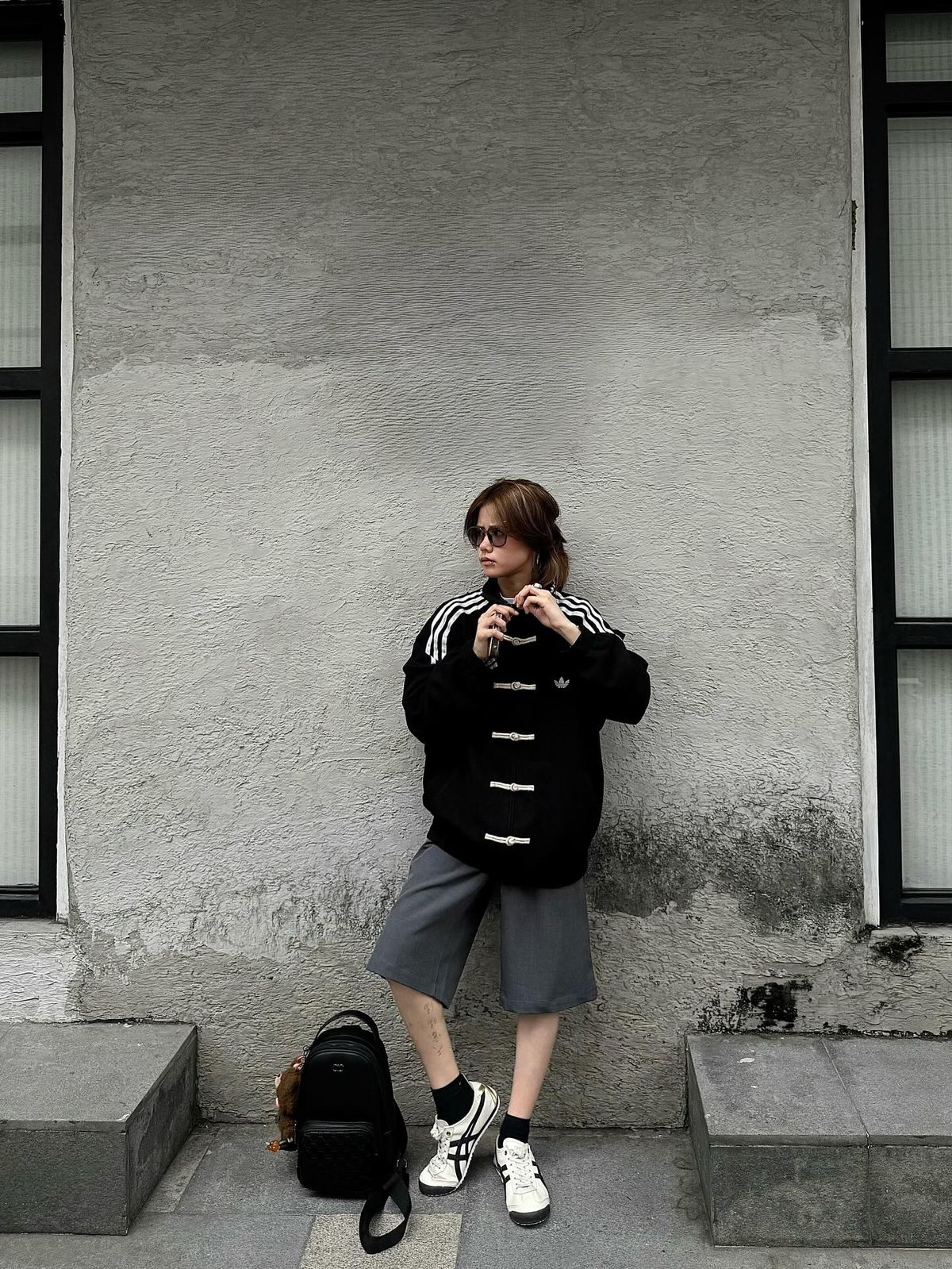 Oversized Black Chinese Jacket with Contrast Stripe Sleeves - Uibok Studio