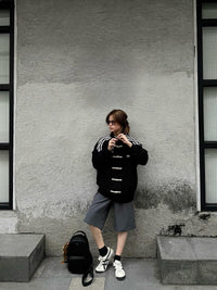 Oversized Black Chinese Jacket with Contrast Stripe Sleeves - Uibok Studio